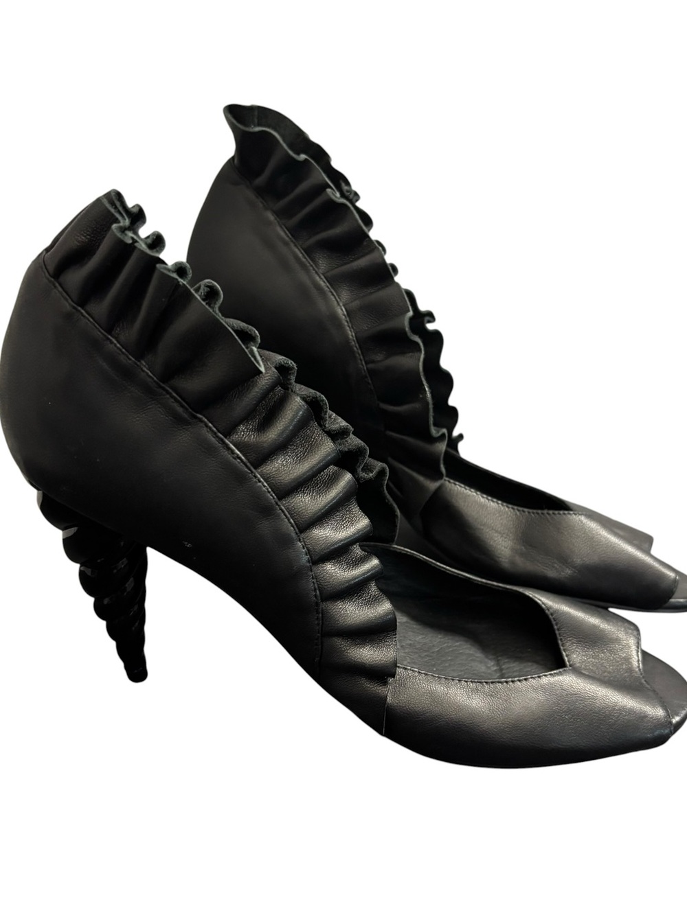 JEFFREY CAMPBELL Michelle Black Leather Peep Toe Unicorn Heel Ruffles Size 8.5M